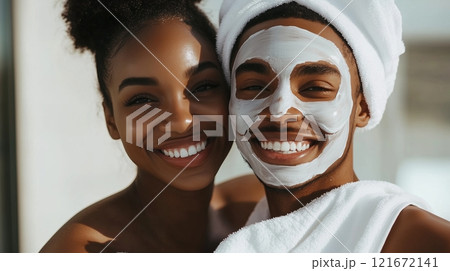 A young couple wearing white towels smiles. Their faces with skincare products. A young couple wearing white towels smiles. Their faces with skincare products. 121672141