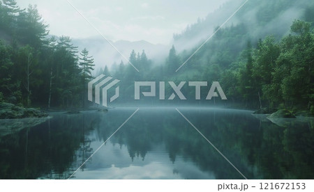 Peaceful lake surrounded by a foggy forest, reflecting the idyllic landscape 121672153