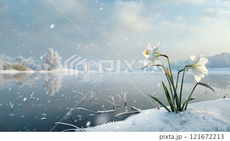 A serene winter scene with a delicate flower frozen in a still lake 121672213