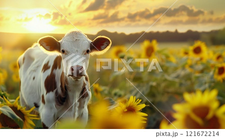 A young calf stands in a field of sunflowers at sunset 121672214