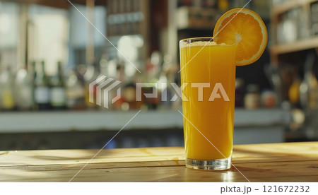 Freshly squeezed orange juice in a glass symbolizes freshness and healthy lifestyle, advertising concept 121672232