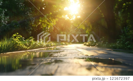 A breathtaking panorama of a sunlit road cutting through a lush, green forest 121672397