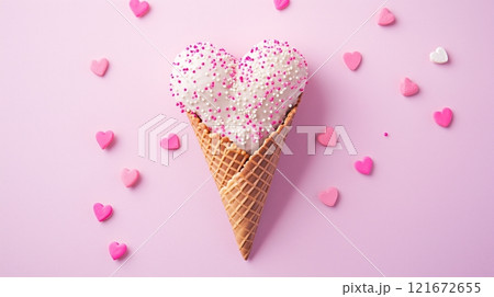 A heart-shaped ice cream cone with pink and white sprinkles on a pastel background. 121672655