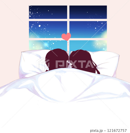 ベッドで向かい合う男女　影絵　窓 121672757