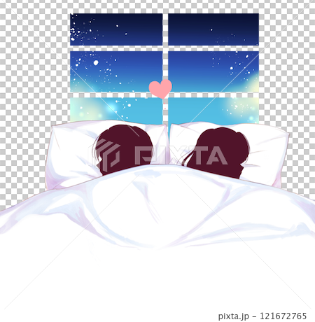 Man and woman fidgeting in bed, silhouette, window 121672765