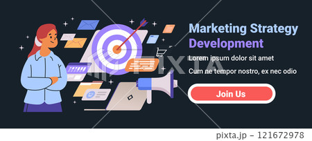 Marketing strategy development woman with crossed arms in front of a target bullseye laptop megaphone icons on dark background website banner 121672978