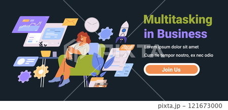 Businesswoman multitasking with various digital tools and elements around her including charts gears clock and rocket on dark background website banner 121673000