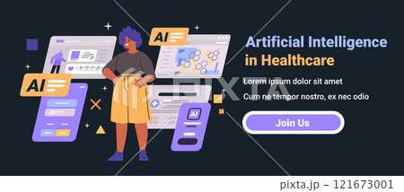 Artificial Intelligence in Healthcare concept with woman standing among medical data screens and AI elements dark background website banner 121673001
