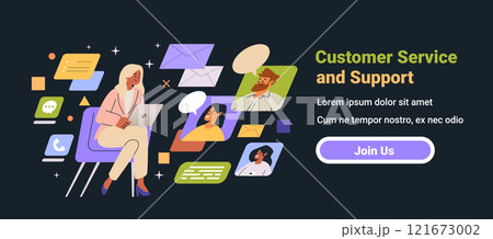 Customer service support woman laptop communication chat icons dark background website banner Customer service support woman laptop communication chat icons dark background website banner 121673002
