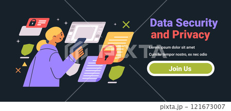 Data Security and Privacy concept colorful illustration of a person using a smartphone with security icons and documents on a dark background 121673007