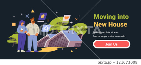 Couple moving into new house concept modern home background digital icons trees dark mode website banner 121673009