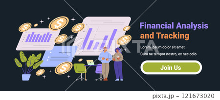 Financial analysis tracking concept charts coins people interacting office setting dark mode interface web mobile design Financial analysis tracking concept charts coins people interacting office setting dark mode interface web mobile design 121673020