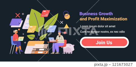 Business growth profit maximization concept people working laptops plant files piggy bank icons dark background 121673027