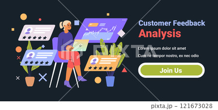 Customer feedback analysis concept woman laptop rating charts dark background plants modern design 121673028