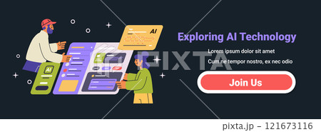Exploring AI Technology concept with people interacting with AI interfaces dark background futuristic design website banner Exploring AI Technology concept with people interacting with AI interfaces dark background futuristic design website banner 121673116