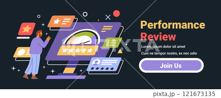 Performance review concept business analysis scene. Person analyzing data on a screen with stars charts and icons. Dark mode interface design template Performance review concept business analysis scene. Person analyzing data on a screen with stars charts and icons. Dark mode interface design template 121673135