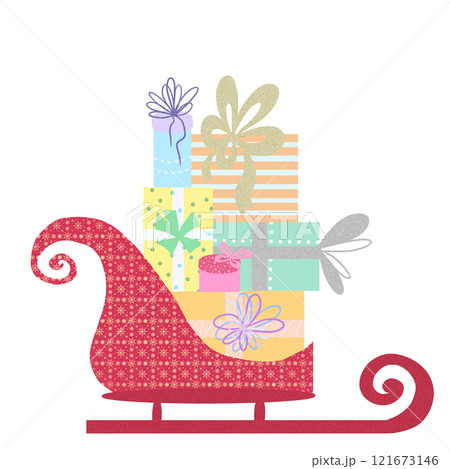 Figured sleigh with colorful gift boxes on a white background 121673146