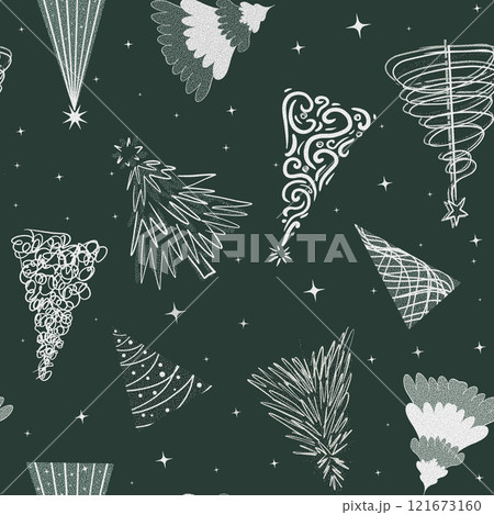 Christmas trees in different styles on dark green background 121673160
