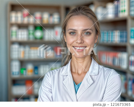 Smiling pharmacist in a well-organized pharmacy with shelves of medication and products 121673365