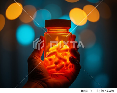 Brightly lit hand holding a jar of tablets against a colorful bokeh background 121673386