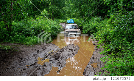 tourist car drives in a remote forest tourist car drives in a remote forest 121673575