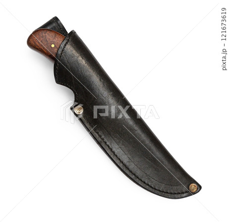 Hunting knife with leather sheath on white background Hunting knife with leather sheath on white background 121673619