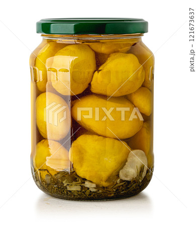Tinned, marinated bush pumpkins in a glass jar 121673637