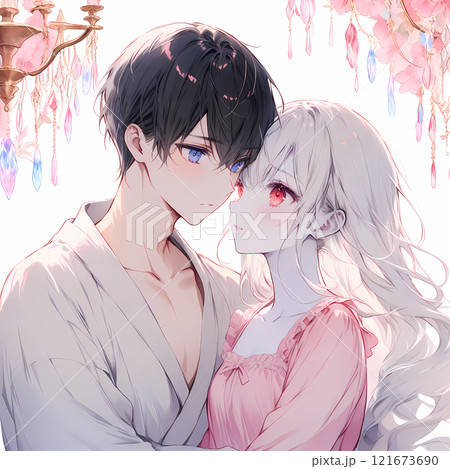 キスをする若い男女。アルビノの少女と碧眼の青年の恋。漫画風のAIイラスト 121673690