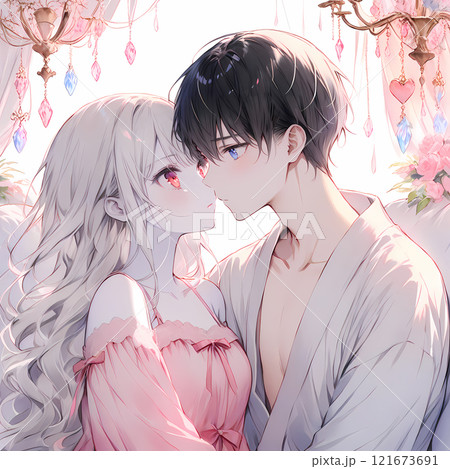 キスをする若い男女。アルビノの少女と碧眼の青年の恋。漫画風のAIイラスト 121673691