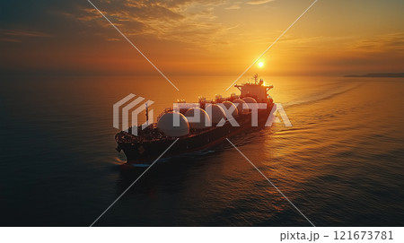 Majestic cargo ship sailing ocean waters at sunset with glowing horizon and tranquil sea in breathtaking evening scene 121673781