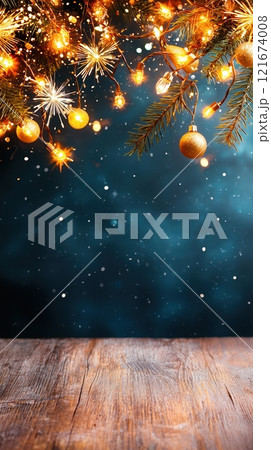 Backdrop with shimmering lights and golden ornaments against a dark blue background. Perfect for product display, holiday promotions, greeting cards, or social media posts. 121674008