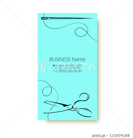Scissors and needle and thread, business card for sewing and cutting 121674166