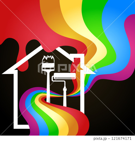 Waves and drops of colored paint, brush roller and house silhouette Waves and drops of colored paint, brush roller and house silhouette 121674171