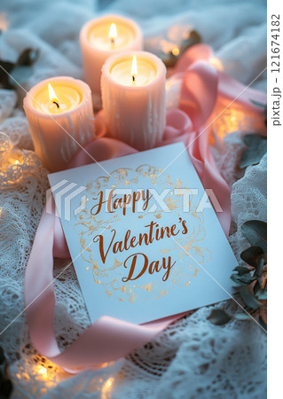 A Valentine's Day postcard featuring a flat lay of a romantic scene with candles, pink ribbon, and a card with golden calligraphy reading Happy Valentine's Day 121674182