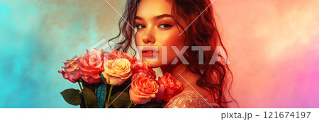 A female florist tenderly cradles a bouquet of vibrant roses, her poised expression set against a soft pastel backdrop, beautiful girl with roses in her hands, banner 121674197
