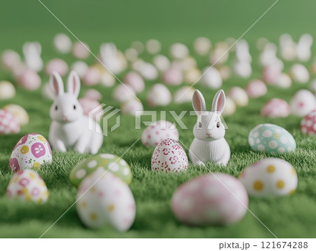 Easter celebration with hand painted eggs and rabbits on pastel green background 121674288