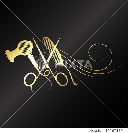 Scissors comb and hair dryer, gold design for a beauty salon Scissors comb and hair dryer, gold design for a beauty salon 121674394