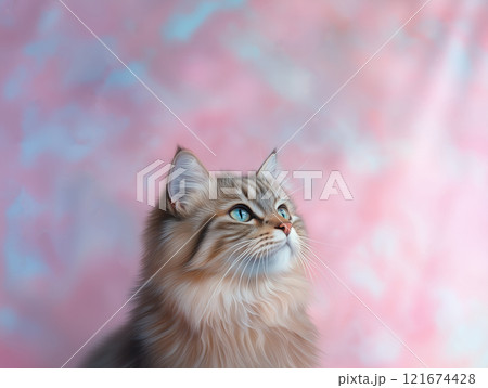 Beautiful siberian cat on a pink background. Fluffy pet. 121674428