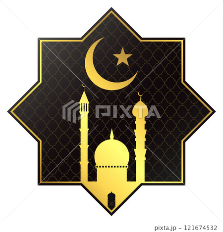 Golden minaret and crescent star in octagon sign Golden minaret and crescent star in octagon sign 121674532