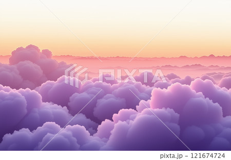 Vibrant sunrise over dreamy pastel purple clouds in a serene sky landscape. AI generation 121674724
