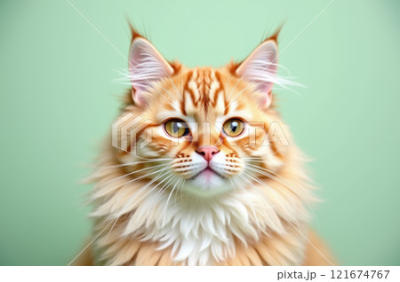 Fluffy orange maine coon cat with green eyes against a soft green background. AI generation Fluffy orange maine coon cat with green eyes against a soft green background. AI generation 121674767