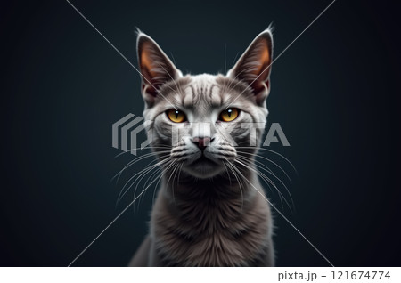Majestic gray cat with intense yellow eyes staring intently in dark setting. AI generation 121674774