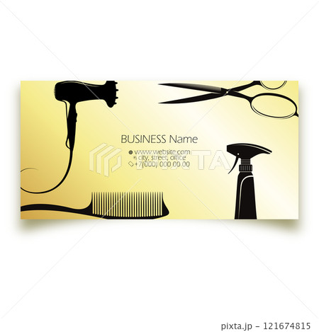 Gold business card for beauty salon, stylist scissors comb hair dryer Gold business card for beauty salon, stylist scissors comb hair dryer 121674815