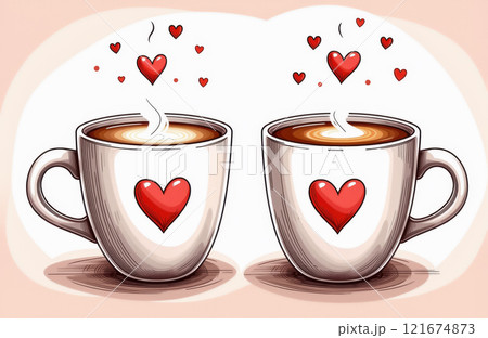 Two heart-adorned coffee cups with steam and floating hearts. AI generation Two heart-adorned coffee cups with steam and floating hearts. AI generation 121674873