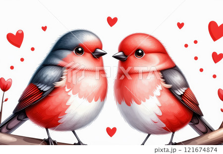 Two colorful birds with hearts on branch in cartoon style. AI generation Two colorful birds with hearts on branch in cartoon style. AI generation 121674874