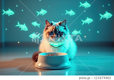 Futuristic siamese cat with glowing collar and floating fish holograms. AI generation 121674902
