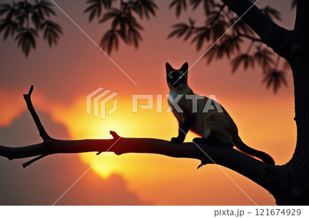 Silhouette of siamese cat perched on tree branch at sunset. AI generation 121674929