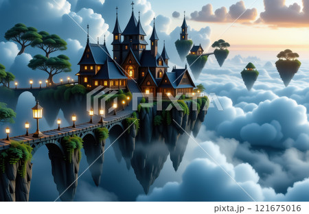 Enchanted castle on floating islands at sunset above the clouds. AI generation 121675016