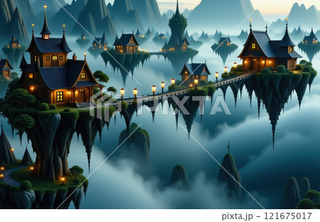 Mystical floating village with lanterns and misty mountains. AI generation 121675017