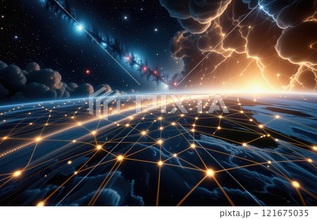 Futuristic network of lights connecting the globe in space at sunrise. AI generation 121675035